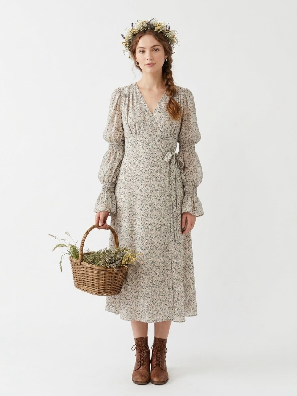 Boho Prairiecore Ditzy Floral Maxi Wrap Dress Balloon Sleeve Feminine Earthy